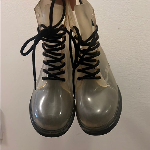 Black Combat Boots with Translucent Design and Rounded Toe - Picture 1 of 5